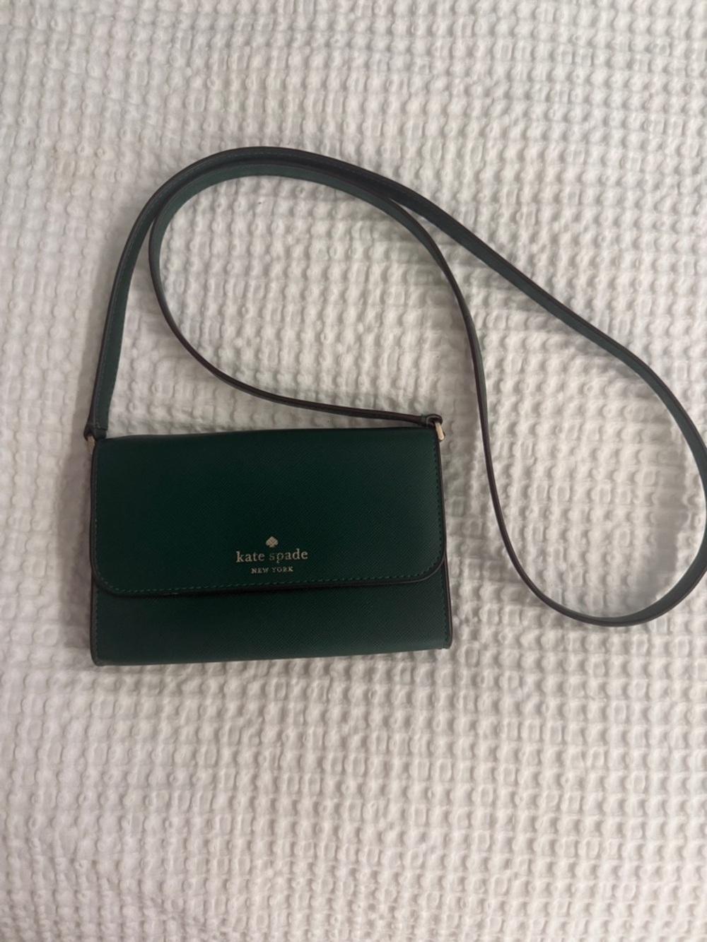 kate spade dark green Saffiano Crossbody Wallet with Gold Logo
